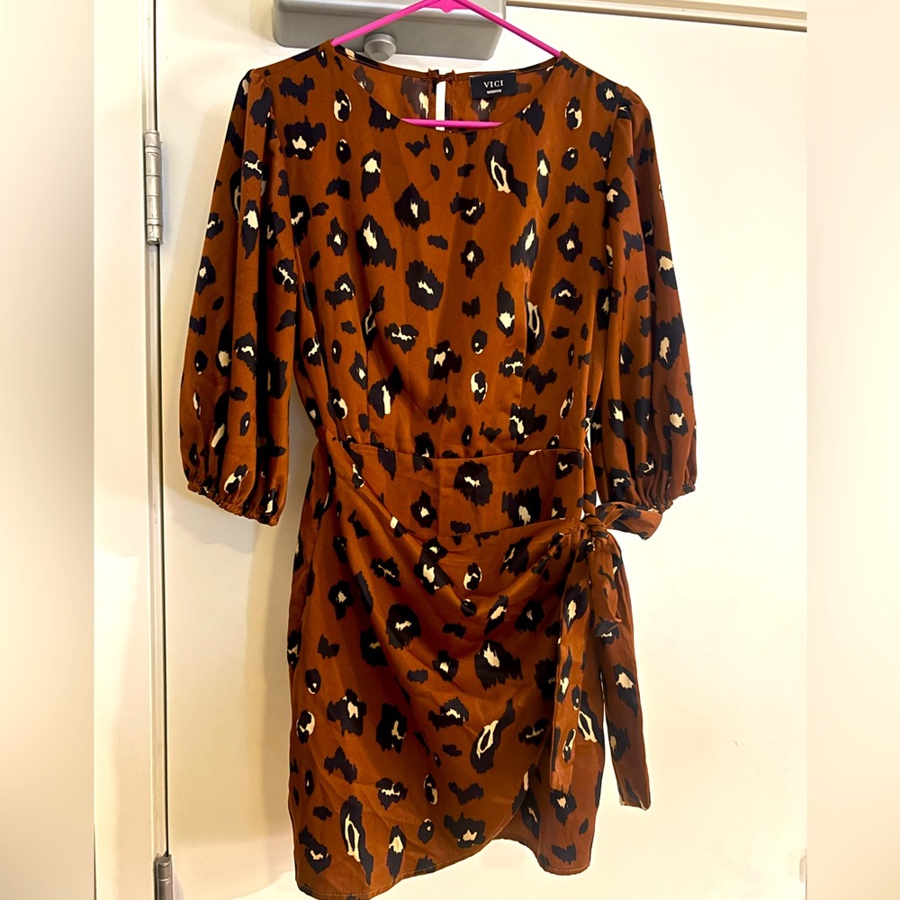 NWOT Vici satin wrap animal print dress